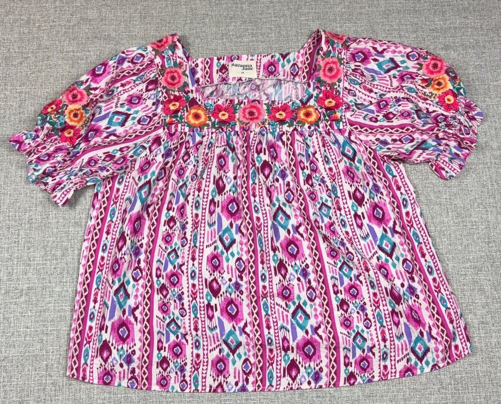 Savanna Jane Top Womens 2X Pink Embroidered Boho Tunic Blouse Plus Size
